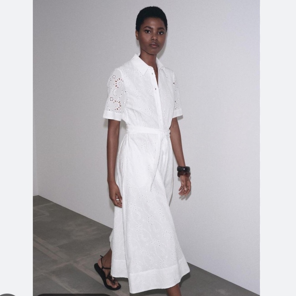 Zara NWT ZW Collection white embroidered belted midi dress short sleeve 8223/087 - Picture 8 of 8